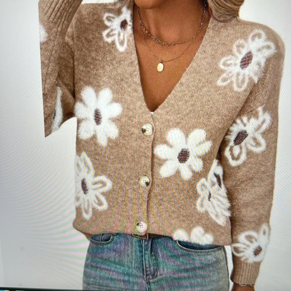 Brown Knit Cardigan/Sweater with Flower Detail. Sz S. NWT